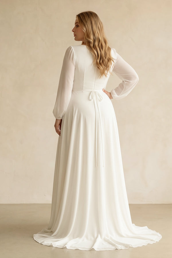 White Long Sleeves V-Neck Chiffon A-Line Wedding Dress (2) [sizeplus] | KISSBRIDAL