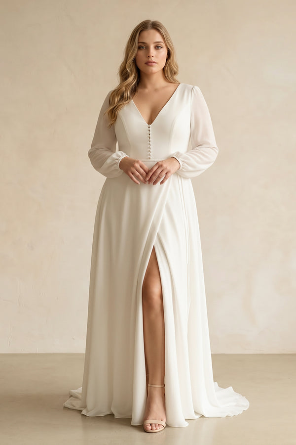 White Long Sleeves V-Neck Chiffon A-Line Wedding Dress [sizeplus] | KISSBRIDAL