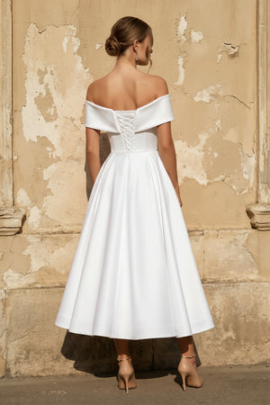 White Off The Shoulder A Line Satin Pleated Wedding Dress (2) | KISSBRIDAL