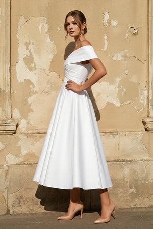 White Off The Shoulder A Line Satin Pleated Wedding Dress (3) | KISSBRIDAL
