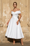 White Off The Shoulder A Line Satin Pleated Wedding Dress | KISSBRIDAL