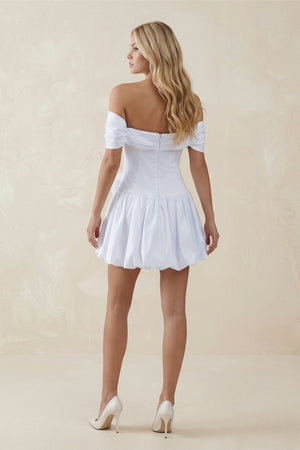 White Off-the-Shoulder A-Line Satin Ruffled Mini Wedding Dress (2) | KISSBRIDAL