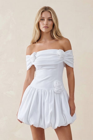 White Off-the-Shoulder A-Line Satin Ruffled Mini Wedding Dress (3) | KISSBRIDAL