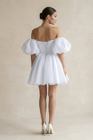 White Off-the-Shoulder A-Line Tulle Mini Wedding Dress (2) | KISSBRIDAL