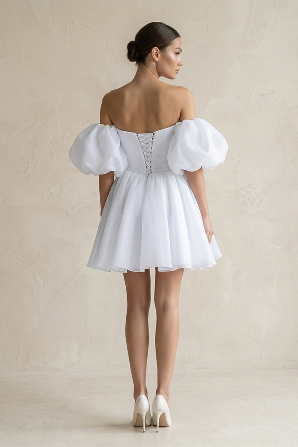 White Off-the-Shoulder A-Line Tulle Mini Wedding Dress (2) | KISSBRIDAL