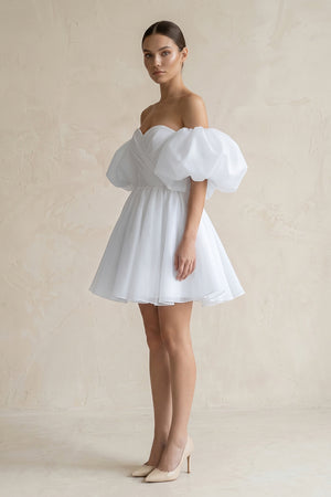 White Off-the-Shoulder A-Line Tulle Mini Wedding Dress (3) | KISSBRIDAL