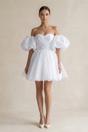 White Off-the-Shoulder A-Line Tulle Mini Wedding Dress | KISSBRIDAL