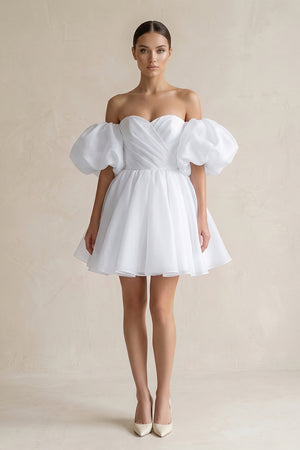 White Off-the-Shoulder A-Line Tulle Mini Wedding Dress | KISSBRIDAL