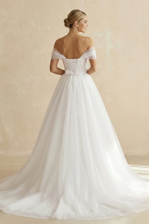 White Off-the-Shoulder A-Line Tulle Wedding Dress (2) | KISSBRIDAL