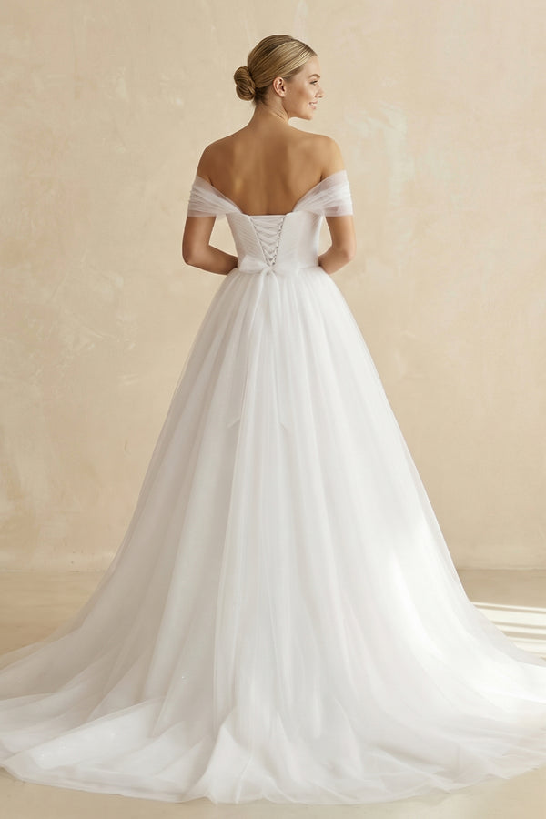 White Off-the-Shoulder A-Line Tulle Wedding Dress (2) | KISSBRIDAL