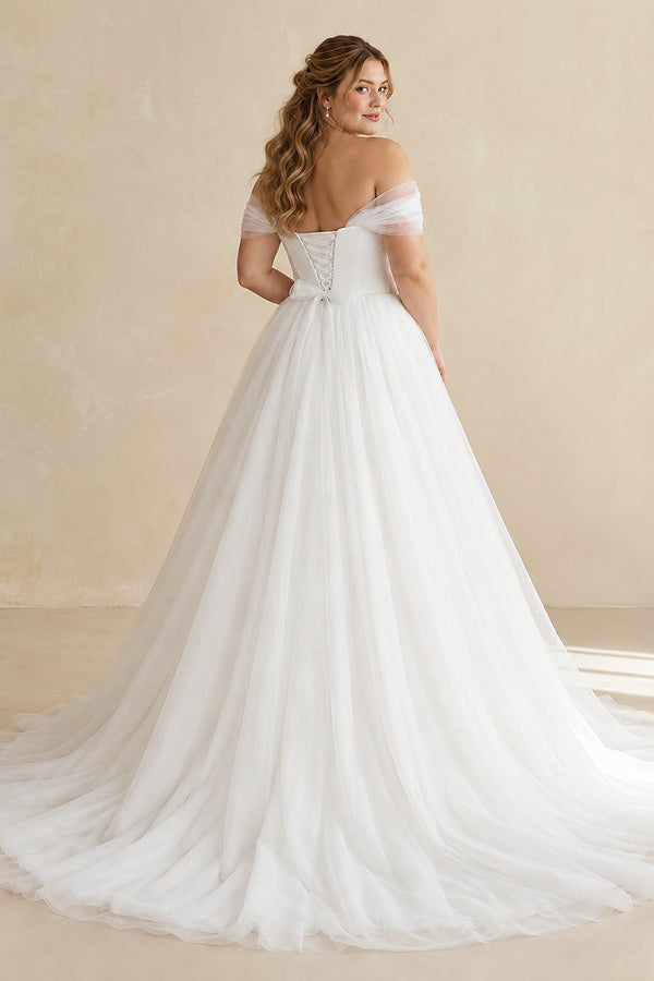 White Off-the-Shoulder A-Line Tulle Wedding Dress (2) [sizeplus] | KISSBRIDAL
