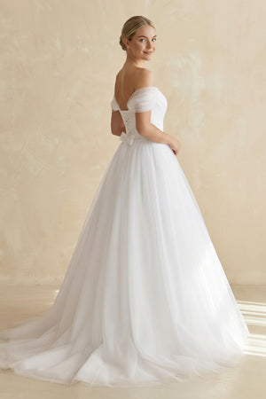 White Off-the-Shoulder A-Line Tulle Wedding Dress (3) | KISSBRIDAL