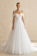 White Off-the-Shoulder A-Line Tulle Wedding Dress | KISSBRIDAL
