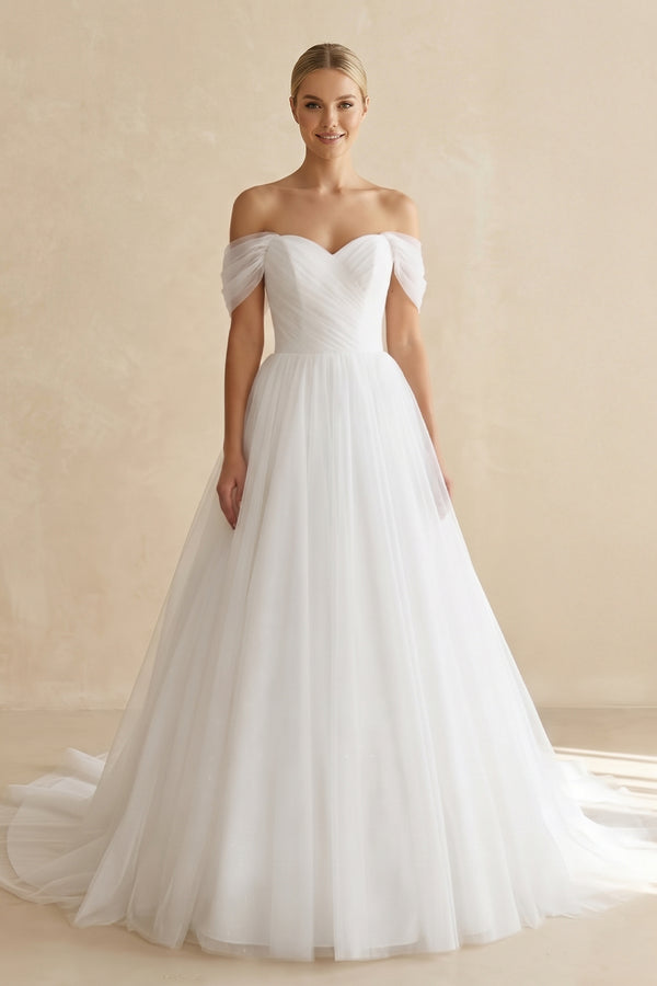White Off-the-Shoulder A-Line Tulle Wedding Dress | KISSBRIDAL