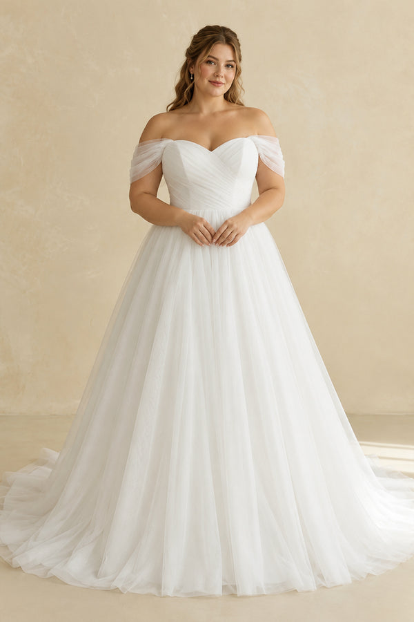 White Off-the-Shoulder A-Line Tulle Wedding Dress [sizeplus] | KISSBRIDAL