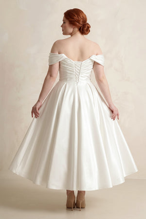 White Off-the-Shoulder Ball-Gown Satin Midi Wedding Dress (2) [sizeplus] | KISSBRIDAL