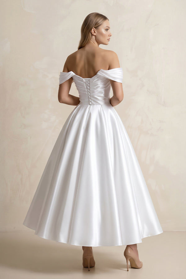 White Off-the-Shoulder Ball-Gown Satin Midi Wedding Dress in White (2) | KISSBRIDAL