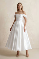 White Off-the-Shoulder Ball-Gown Satin Midi Wedding Dress in White | KISSBRIDAL