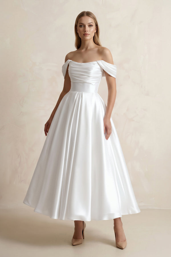 White Off-the-Shoulder Ball-Gown Satin Midi Wedding Dress in White | KISSBRIDAL