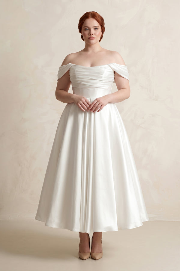 White Off-the-Shoulder Ball-Gown Satin Midi Wedding Dress [sizeplus] | KISSBRIDAL