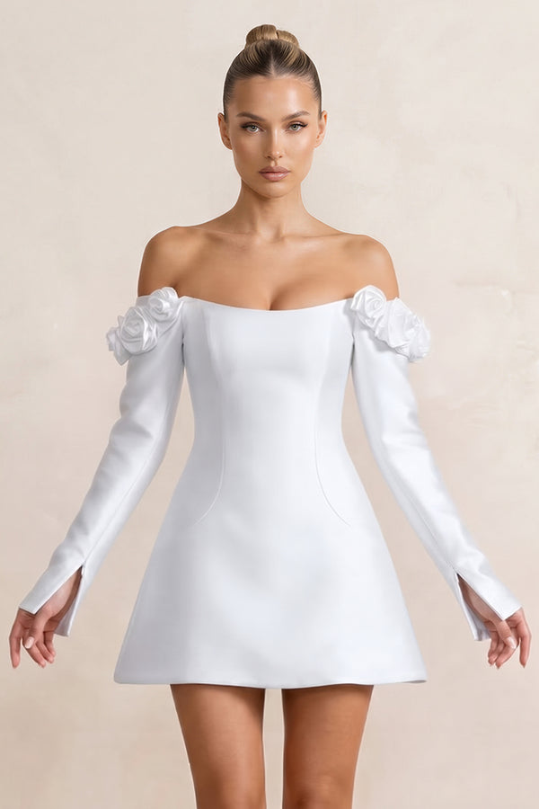 White Off-the-Shoulder Satin A-Line Wedding Dress with Long Sleeeves (3) | KISSBRIDAL