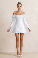 White Off-the-Shoulder Satin A-Line Wedding Dress with Long Sleeeves | KISSBRIDAL