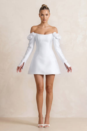 White Off-the-Shoulder Satin A-Line Wedding Dress with Long Sleeeves | KISSBRIDAL