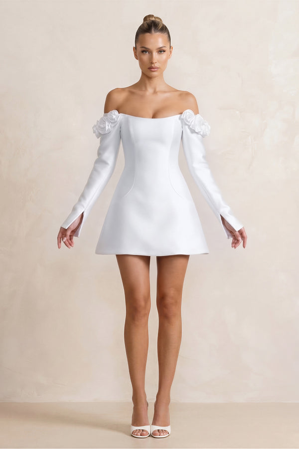 White Off-the-Shoulder Satin A-Line Wedding Dress with Long Sleeeves | KISSBRIDAL