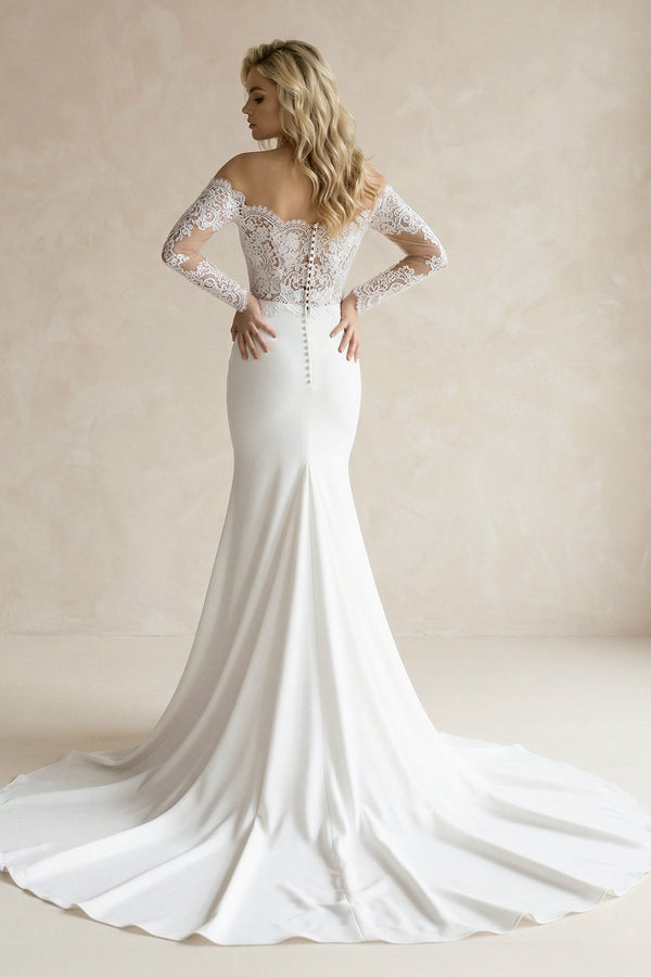 White Off - the - Shoulder Satin Mermaid Wedding Dress - SHE IS ME Wedding Dresses
