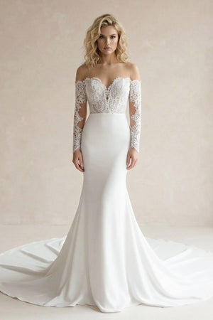 White Off - the - Shoulder Satin Mermaid Wedding Dress - SHE IS ME Wedding Dresses