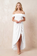 Off - the - Shoulder Sheath Velvet Midi Bridesmaid Dress in White - KISS BRIDAL Bridesmaid Dresses