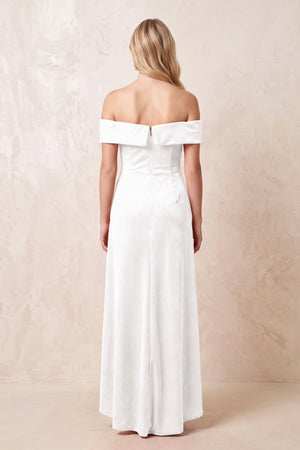 Off - the - Shoulder Sheath Velvet Midi Bridesmaid Dress in White - KISS BRIDAL Bridesmaid Dresses