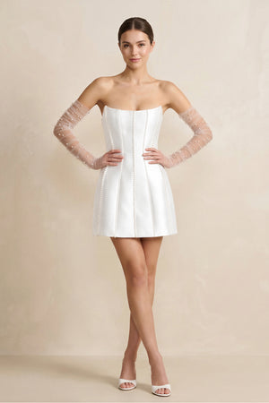 White Pearl Satin Sheath Strapless Wedding Dress | KISSBRIDAL