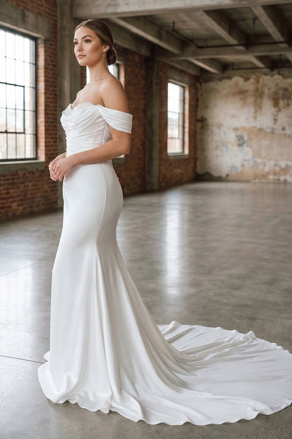 White Pearls Off-the-Shoulder Mermaid Long Wedding Dress 