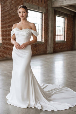 White Pearls Off-the-Shoulder Mermaid Long Wedding Dress 