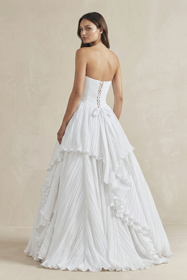 White Pleated A-Line Ruffled Strapless Wedding Dress (2) | KISSBRIDAL
