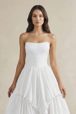 White Pleated A-Line Ruffled Strapless Wedding Dress (3) | KISSBRIDAL