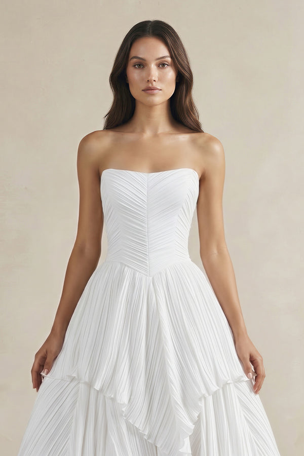 White Pleated A-Line Ruffled Strapless Wedding Dress (3) | KISSBRIDAL