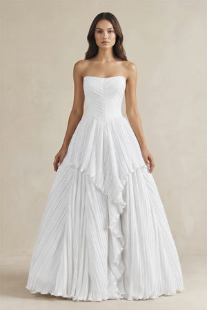 White Pleated A-Line Ruffled Strapless Wedding Dress | KISSBRIDAL