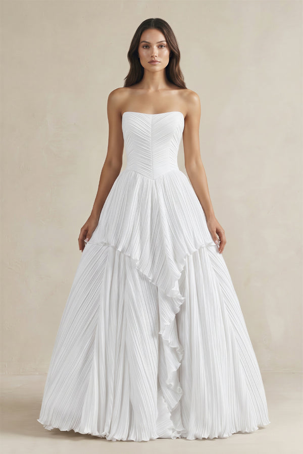 White Pleated A-Line Ruffled Strapless Wedding Dress | KISSBRIDAL