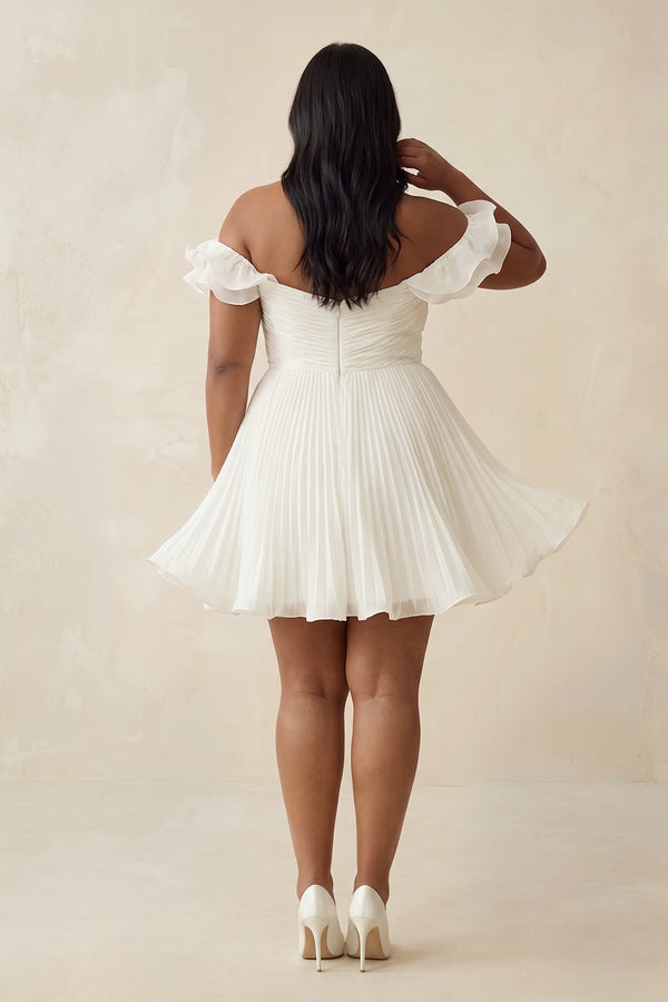 White Pleated Ruffled Off-the-Shoulder A-Line Mini Wedding Dress (2) [sizeplus] | KISSBRIDAL