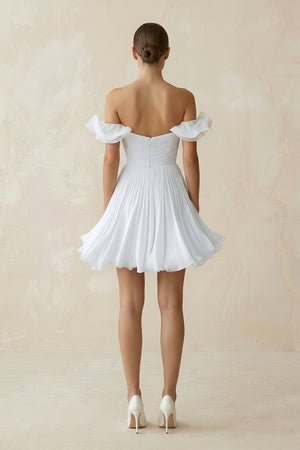 White Pleated Ruffled Off-the-Shoulder A-Line Mini Wedding Dress in White (2) | KISSBRIDAL