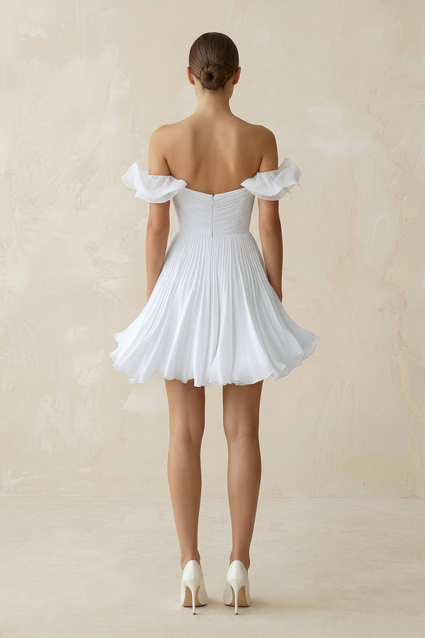 White Pleated Ruffled Off-the-Shoulder A-Line Mini Wedding Dress in White (2) | KISSBRIDAL