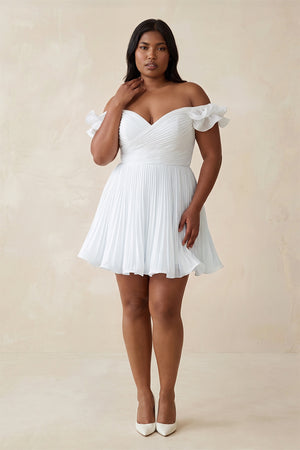 White Pleated Ruffled Off-the-Shoulder A-Line Mini Wedding Dress in White (4) | KISSBRIDAL