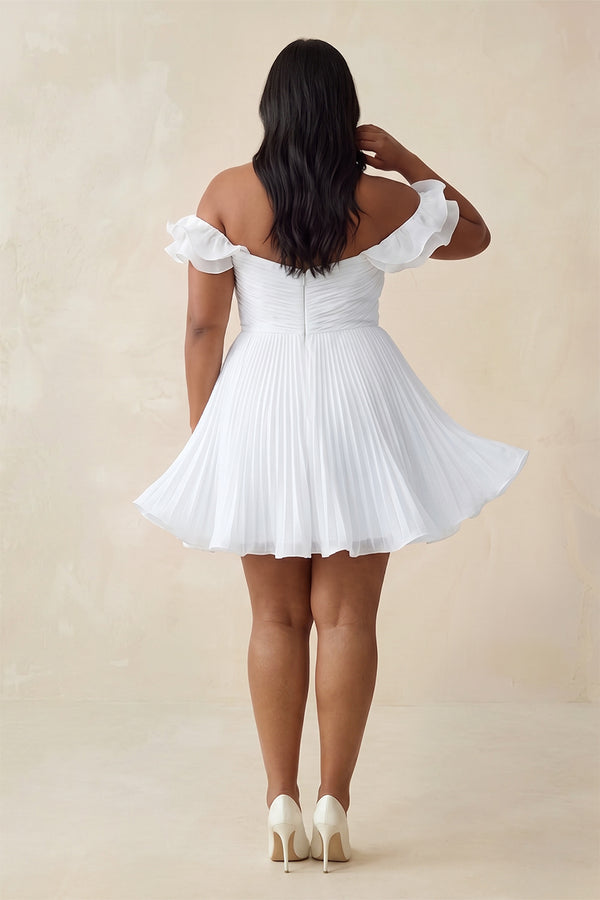 White Pleated Ruffled Off-the-Shoulder A-Line Mini Wedding Dress in White (5) | KISSBRIDAL