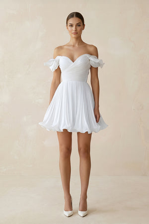 White Pleated Ruffled Off-the-Shoulder A-Line Mini Wedding Dress in White | KISSBRIDAL