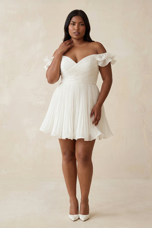 White Pleated Ruffled Off-the-Shoulder A-Line Mini Wedding Dress [sizeplus] | KISSBRIDAL