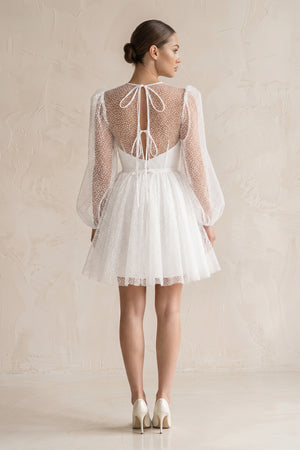 White Polk Dots Tulle A-Line Mini Wedding Dress With Sleeves (2) | KISSBRIDAL