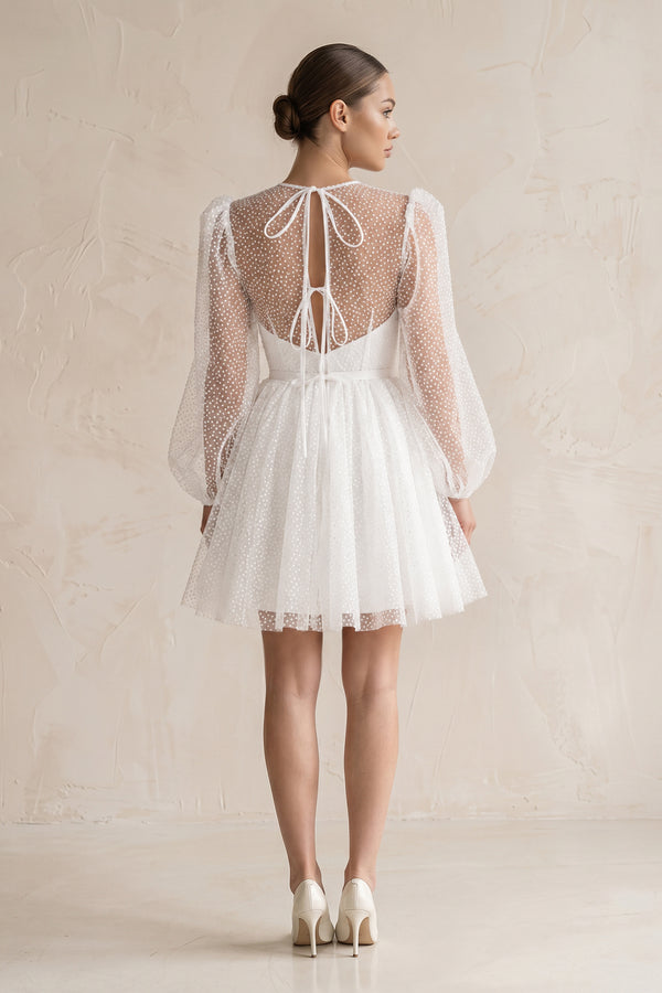 White Polk Dots Tulle A-Line Mini Wedding Dress With Sleeves (2) | KISSBRIDAL