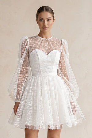 White Polk Dots Tulle A-Line Mini Wedding Dress With Sleeves (3) | KISSBRIDAL